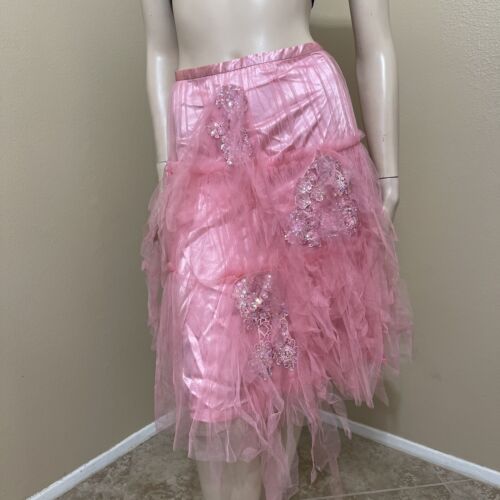 Women’s Pink Polyester Casual Cocktail Layered Lace Beaded Pleated Size L Skirt - Picture 1 of 12