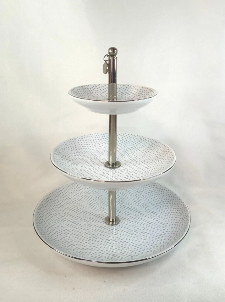 Bandeja de aperitivos West Emory Tid Bit colección Estate tres niveles plata blanco cerámica Foto 2 de 4