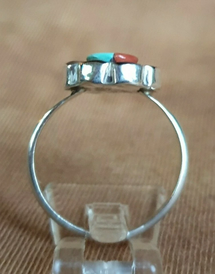 Zuni Ring Sunface in Onyx Blüte, Türkis, Koralle, Onyx,, 925% Silber, Indianer - Bild 4 von 4