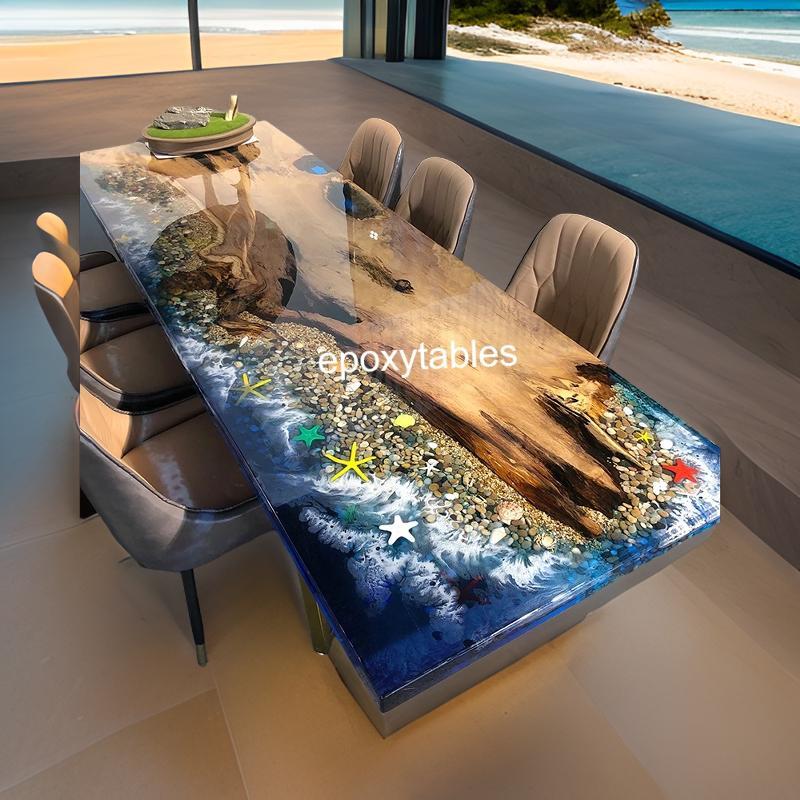 Epoxy River Dining Table with Ocean Wave Design Handmade Wooden Countertop for Hallway Decor