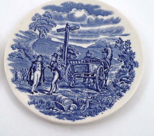 4 Blue Transferware Ironstone England Butter Pats Coasters Country Road Robbers - Picture 4 of 12