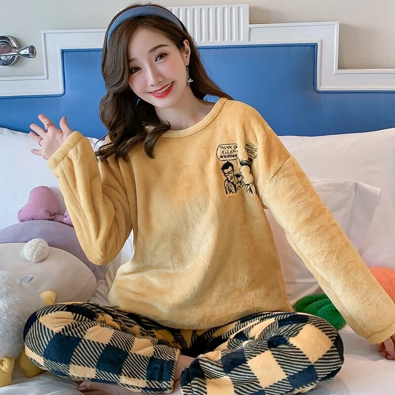 Cute Women Winter Warm Flannel Coral Velvet Pajamas Set Nightgown