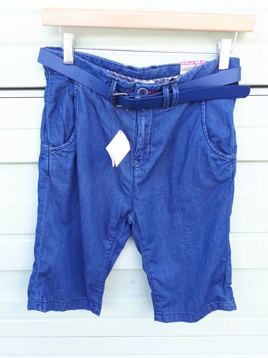 NEW ZARA KIDS Boys NAVY BELTED DENIM SHORTS 11 12 YERAS COTTON