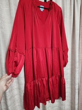 CeCe Satin Ruffle Shift V-Neck Puff Sleeve Tier Dress  L Red Soft Silky Flowy