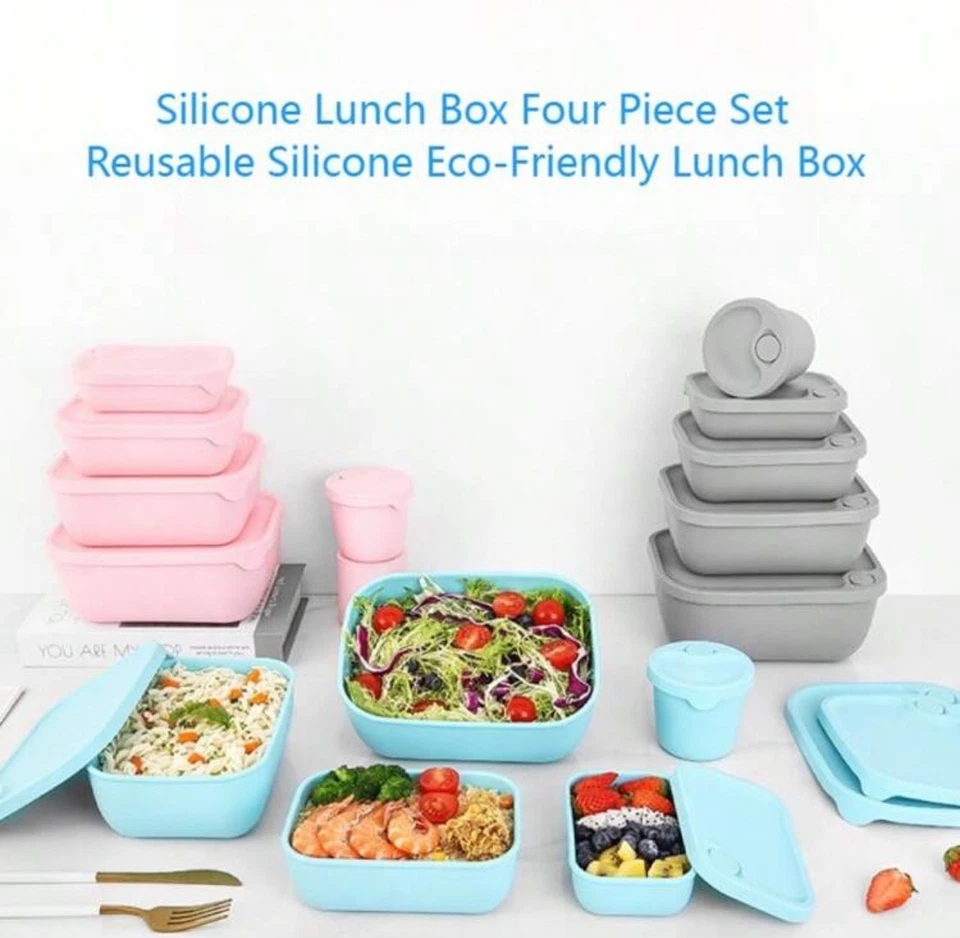 Four Piece Set Of Multicolor Silicone Lunch Box Set For Students, Fresh-Keeping - Immagine 4 di 4