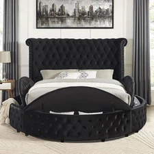 SLEEK Round Storage Black Velvet Bed Queen King Contemporary Optional Nightstand