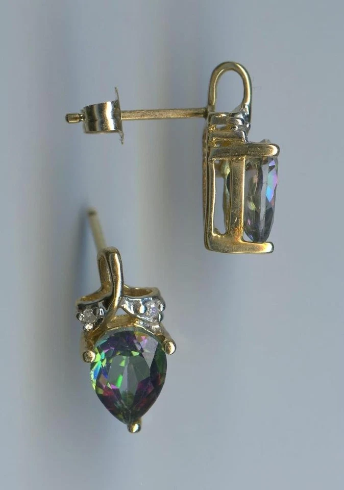 Nuevos pendientes de diamantes y topacio místico pera de 8 mm de oro amarillo macizo de 10K 1,51 gramos -JQ Foto 2 de 2
