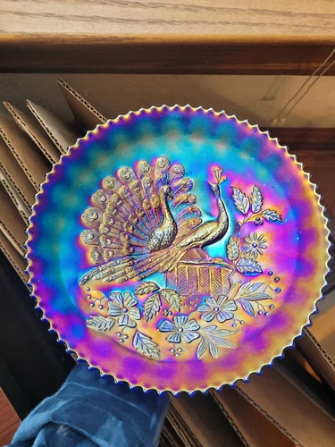 Pretty Electric Blue Northwood Carnival Glass Peacocks on the Fence Plate