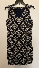 Talbots Navy Blue/Cream Ikat Print Lined V-Neck Dark Sheath Dress Sleeveless 8
