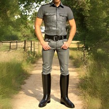Mens Real Leather Pants  Shirt Gay Highway Police Uniform Short Sleeve BLUF