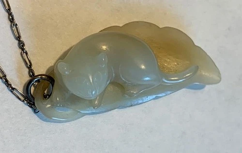 Antique Carved Chinese Hetian Jade Mouse Pendant Sterling Chain Figurine