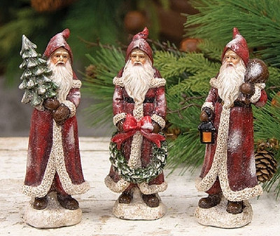 NEW PRIMITIVE SANTAS 3 ASSORTED FATHER CHRISTMAS AGED RED COATS 6''Hx1.75''Wx1.5''D