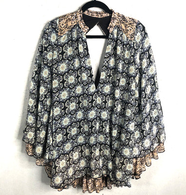 Free People Top Small Black Motif Printed Oversized Boho Artsy Festival Gabi