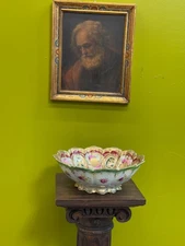 Old Hand Painted Porcelain Serving Bowl Heavy Gold Gilt, Victorian Centerpiece