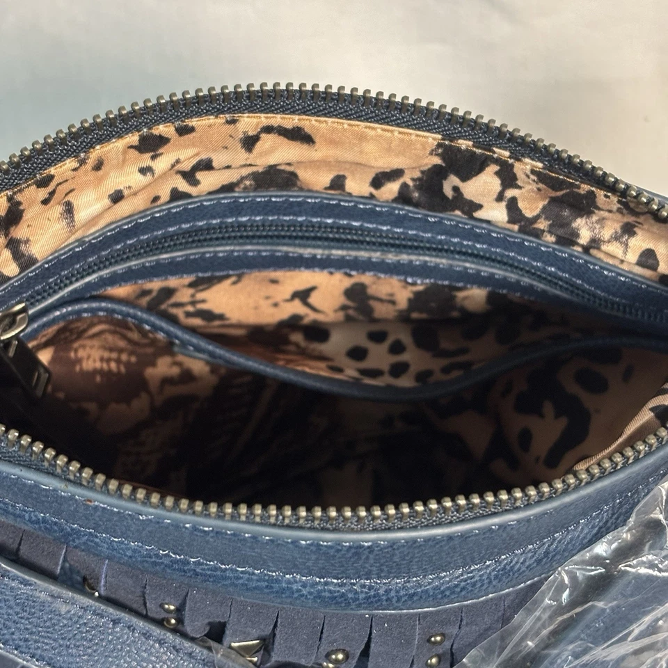 Nuevo Bolso Bandolera/Cartera Original Por Sharif 1827 Azul Flecos/Tachuelas Gamuza Borde Foto 3 de 4