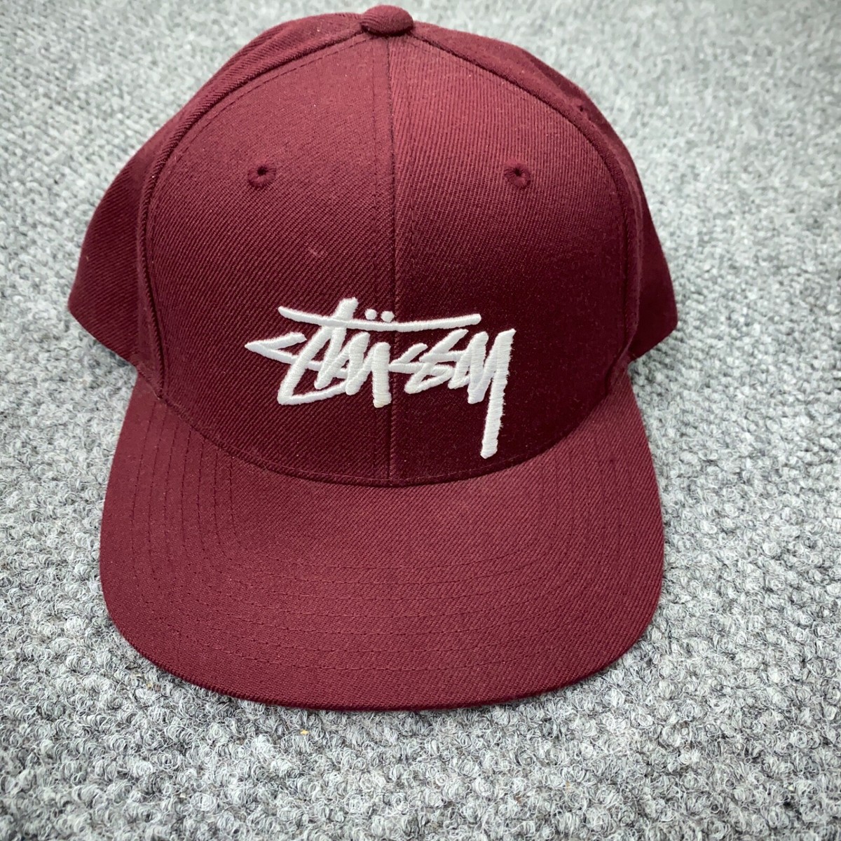 Stussy Script Cap Hat Maroon Snapback Wool Blend OSFA Embroidered 