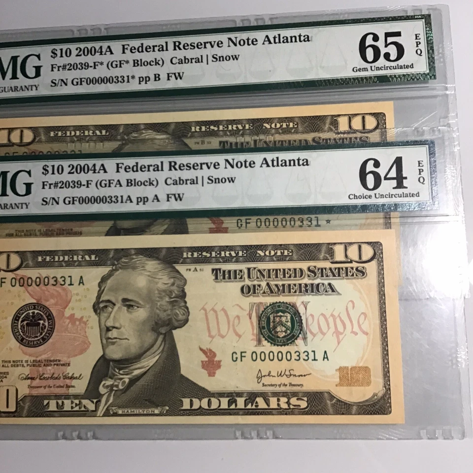 FR-2039-F*✅ 2004-A $10 FRN ➡️ 00000331*Star And Matching Gem Ser#331.PMG 65&64 - Image 3 of 4