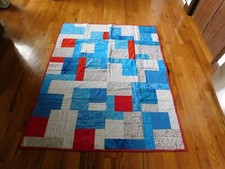 Handmade Quilt Interlocking Rectangles and Squares Aqua Red Tie Dye Hand Pieced