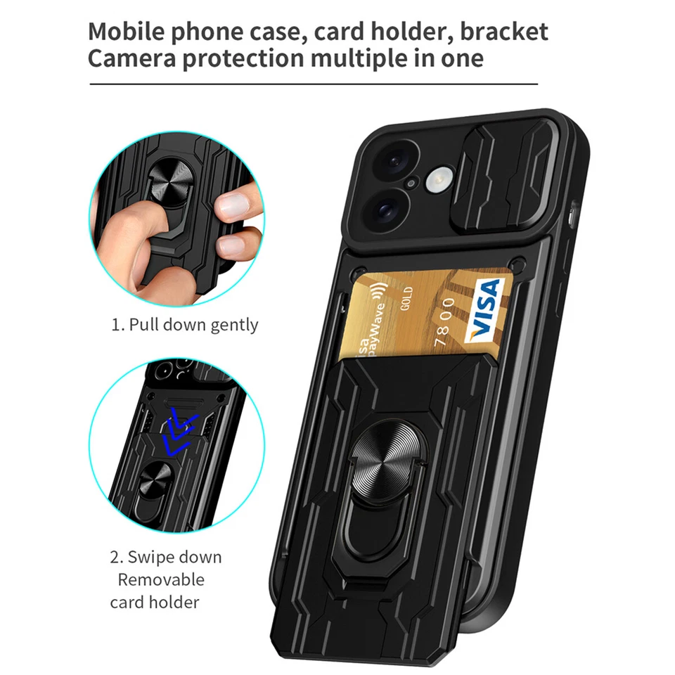 For iPhone 16 15 14 13 12 11 Pro Max Case Wallet Card Holder Ring Stand Cover - Image 2 of 4