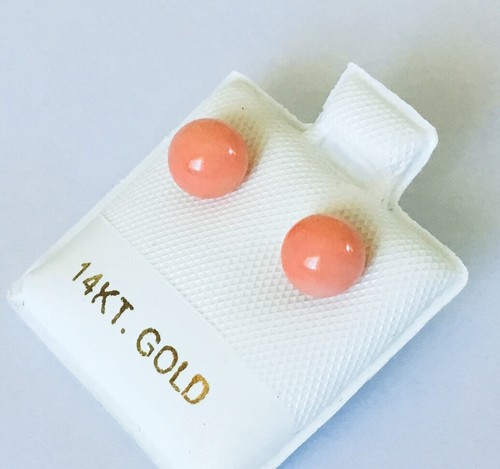 Solid 14K Yellow Gold Genuine Pink Coral Round 5.5 - 6 mm Ball Stud Earrings NEW - Picture 3 of 8