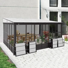 Domi 12x14FT Wall Mounted Sunroom with PC Roof and Lockable Sliding Doors