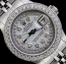Rolex Ladies Date Datejust Oyster Stainless Diamond Dial Bezel Watch