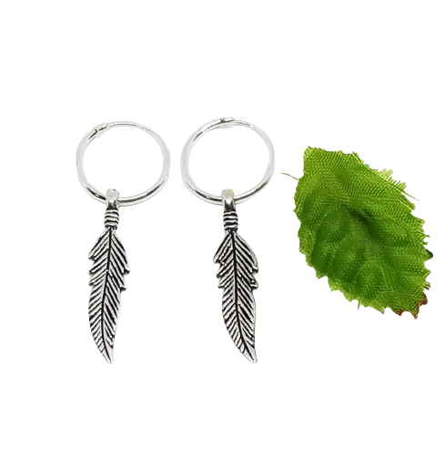 Orecchino uomo donna cerchio argento 925% piccolo cerchietto con piuma pendente - Immagine 4 di 4