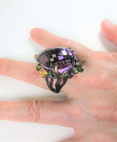 75 CTW PEAR AMETHYST PERIDOT CHROME DIOPSIDE RING Black Rhodium/14kyg/925 SILVER - Picture 10 of 12