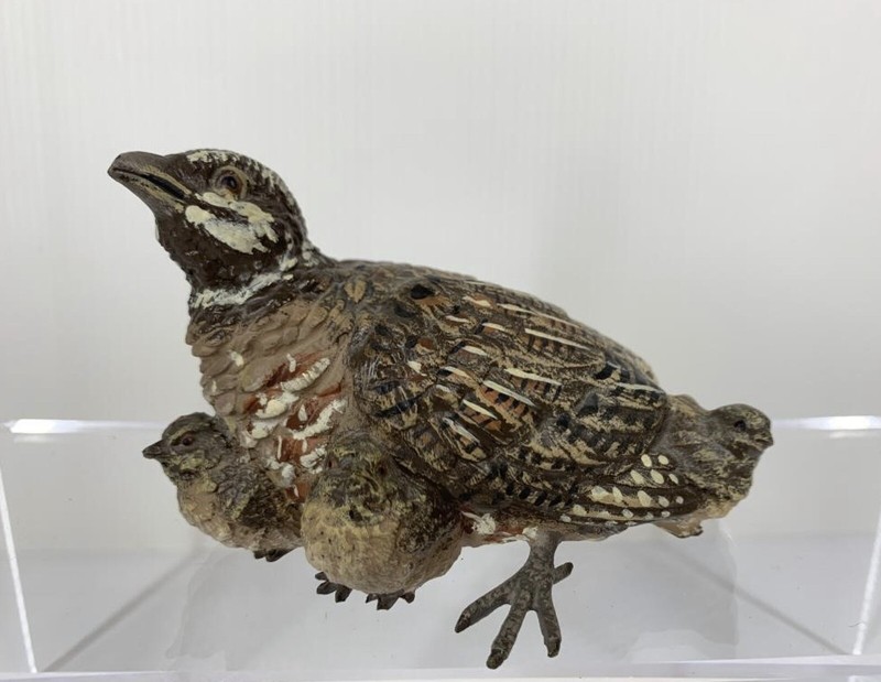 Antique Cold Painted Vienna Bronze Quail Bird with Three Chicks