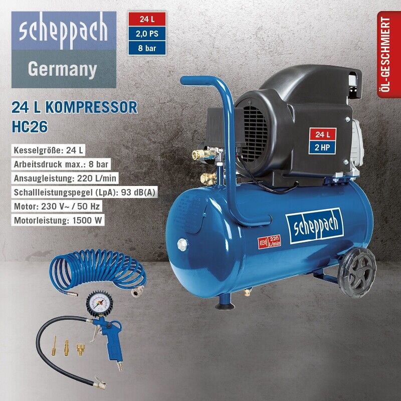 Scheppach 8bar Kompressor HC26 Set 24L mit Spiralschlauch Reifenfüller 2.WAHL