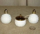 Vtg Milk Glass Diamond Point Salt Pepper SHAKER SET +Lidded Condiment Pot +Spoon