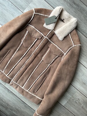 ALL SAINTS HERREN MOKKA ''HAYLE'' SHEARLING FLIEGERJACKE MANTEL - SMALL - NEU ETIKETT