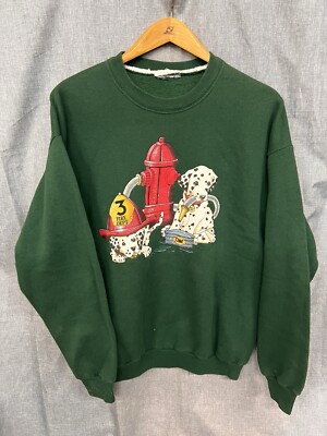 VINTAGE 90s Dalmatian Puppies Fire Dept Crewneck Sweater Womens Medium