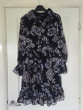 GDG ACTUEL BLACK WHITE BLUE PURPLE FLORAL STRIPE SHEER RUFFLE COLLAR TEA DRESS M