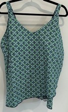 Lands End Plus Tulip Hem Swimsuit Tankini Top Navy Blue Green Print 3X 24W 26W