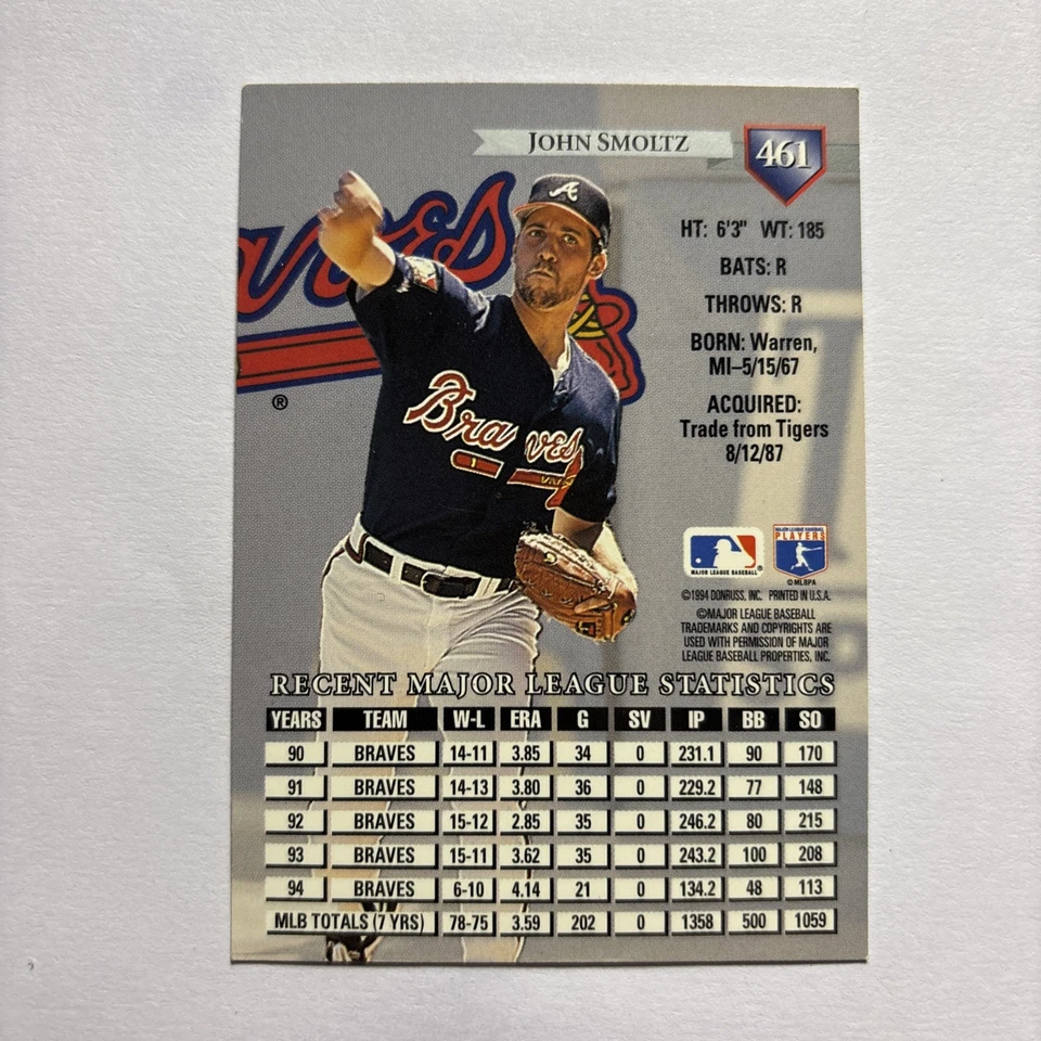 1995 Donruss #461 John Smoltz Atlanta Braves - Image 2 of 2