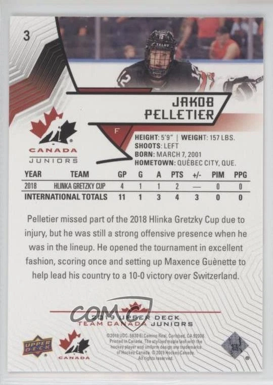 2019 Upper Deck Team Canada Juniors Jakob Pelletier #3 - Image 2 of 2