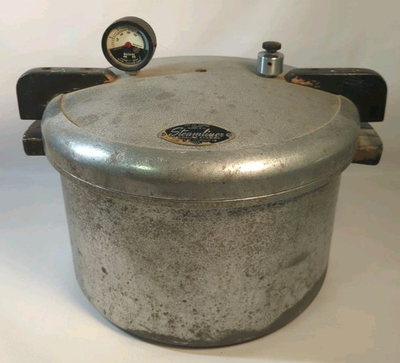 #ad Antique Aluminum Pressure Cooker Steamliner Model A 16 VINTAGE Heavy Wood Handle $39.98