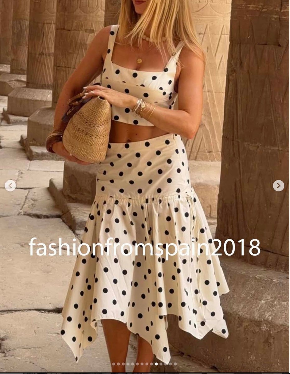 ZARA NEW WOMAN MID-RISE ASYMMETRIC POLKA DOT MIDI SKIRT ECRU BLACK
