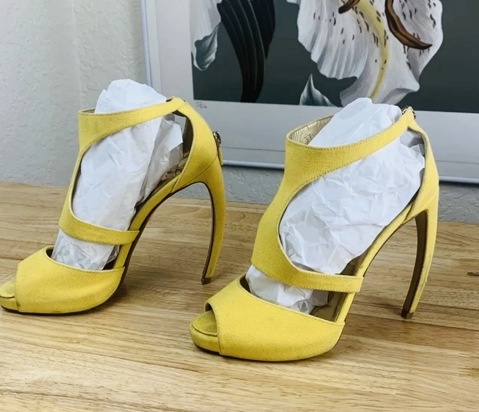 Walter Steiger Yellow Iconic Curved Heels US 7 37 Raw Silk Pumps Stiletto RARE - Image 4 of 4