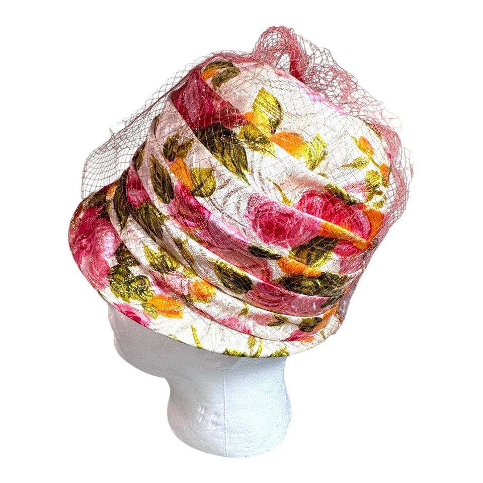 Elegante sombrero de iglesia de malla floral para mujer años 50 velo de encaje rosa naranja verde flores Foto 2 de 4