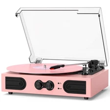 Vintage Vinyl Record Player 3 Speed Turntable with Stereo Speakers Pink