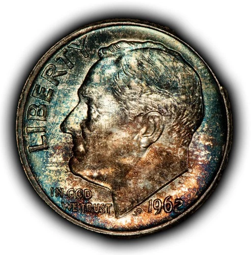 1962 10c Silver Roosevelt Dime - Rainbow Toning - BU - SKU-Y6309