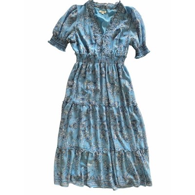 Max Studio London Blue Floral Smocked Midi Dress XL Cottagecore