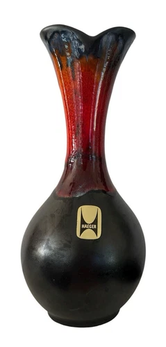 Vtg Haeger Black Mystique Orange Red Blue Lava Drip Glaze 8" Tulip Vase 4001 USA