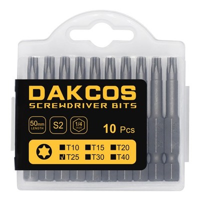 DAKCOS Torx Bit T25 für Torx Schrauben, T25 Bit lang 50mm, 10 Stück, E6,3(1/4'')