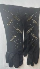 Vintage Long Gloves Black Woven Cotton Brass Studded 6.5 USA Made By Lady Gay