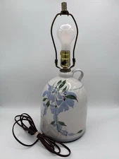 Studio Pottery Stoneware Jug Lamp Blue Floral Primitive Modern Farmhouse Decor