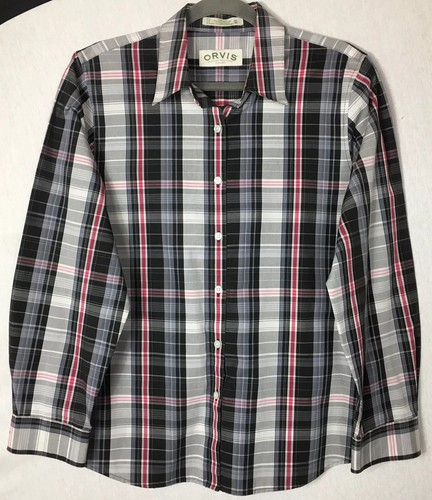 Womens ORVIS Shirt Carefree Grey Red Check Long Sleeve Tartan Plaid Casual 12
