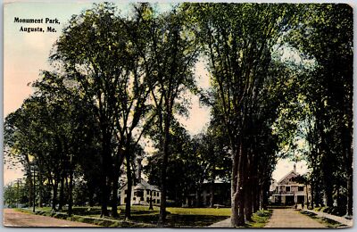 Augusta Maine ME, Monument Park, Two Way, Driveway, Trees, Vintage Postcard